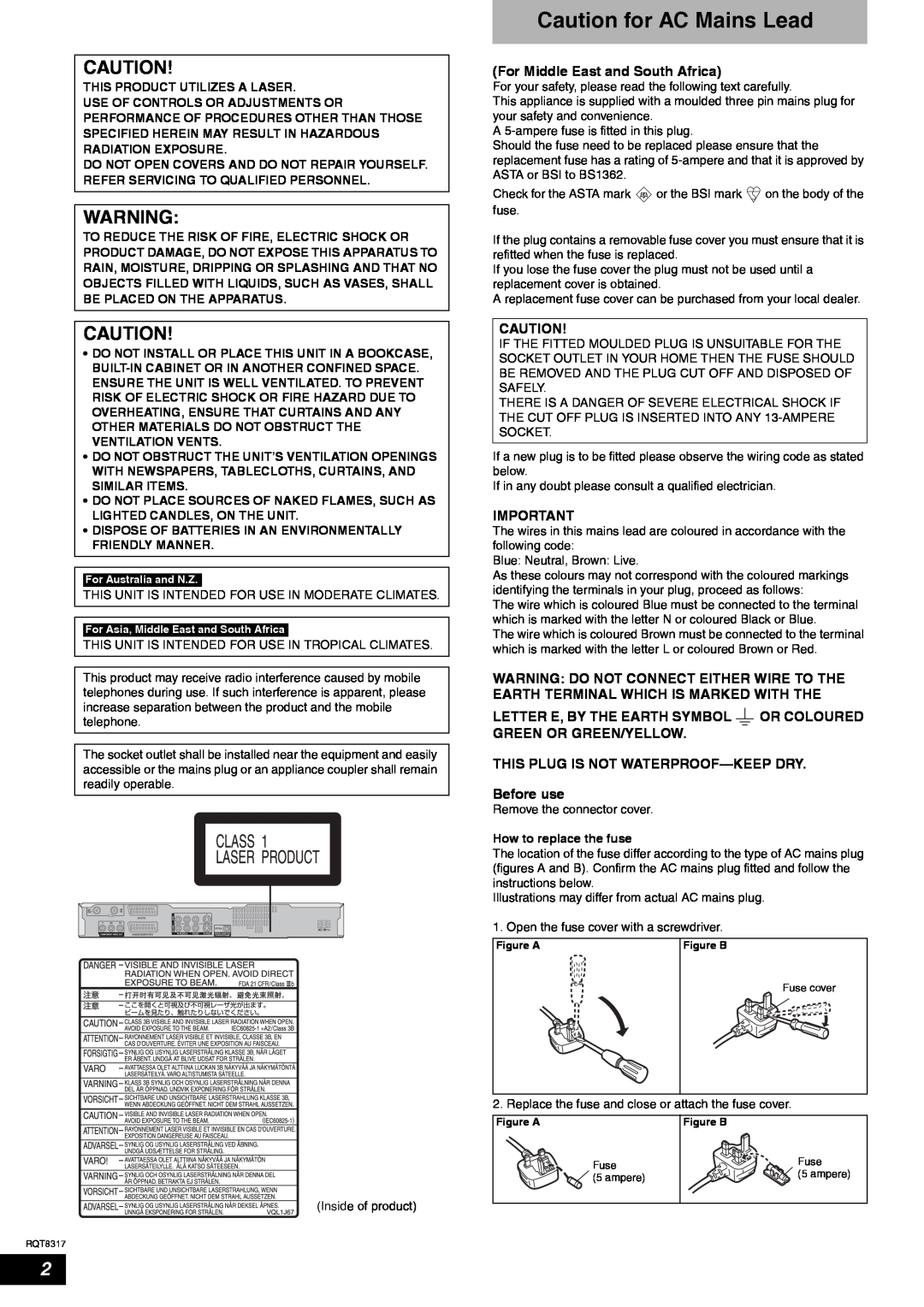 Panasonic DMR-ES15 manual Caution for AC Mains Lead, For Middle East and South Africa 