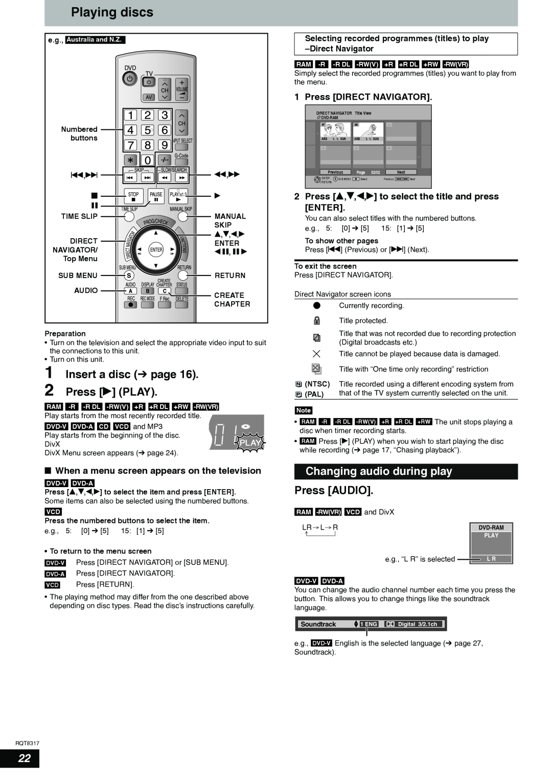 Panasonic DMR-ES15 Playing discs, Insert a disc Ô page 2 Press q PLAY, Changing audio during play, Press AUDIO, u ,i, t ,y 