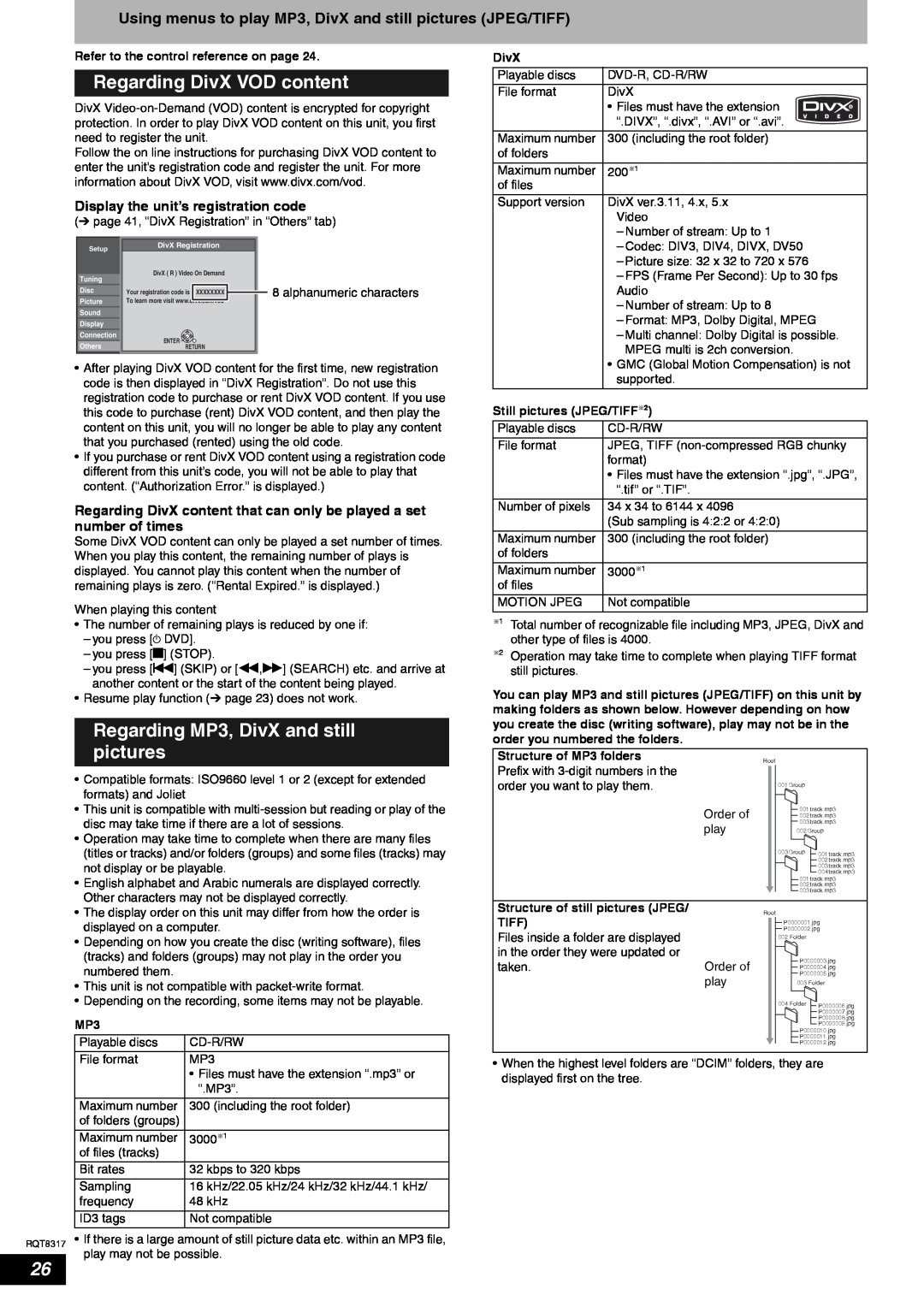 Panasonic DMR-ES15 manual Regarding DivX VOD content, Regarding MP3, DivX and still, pictures 