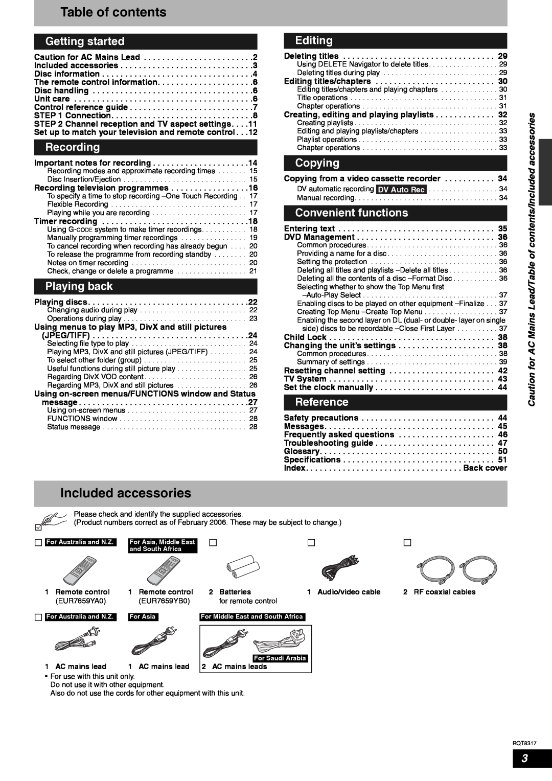 Panasonic DMR-ES15 Table of contents, Included accessories, Getting started, Recording, Playing back, Editing, Copying 