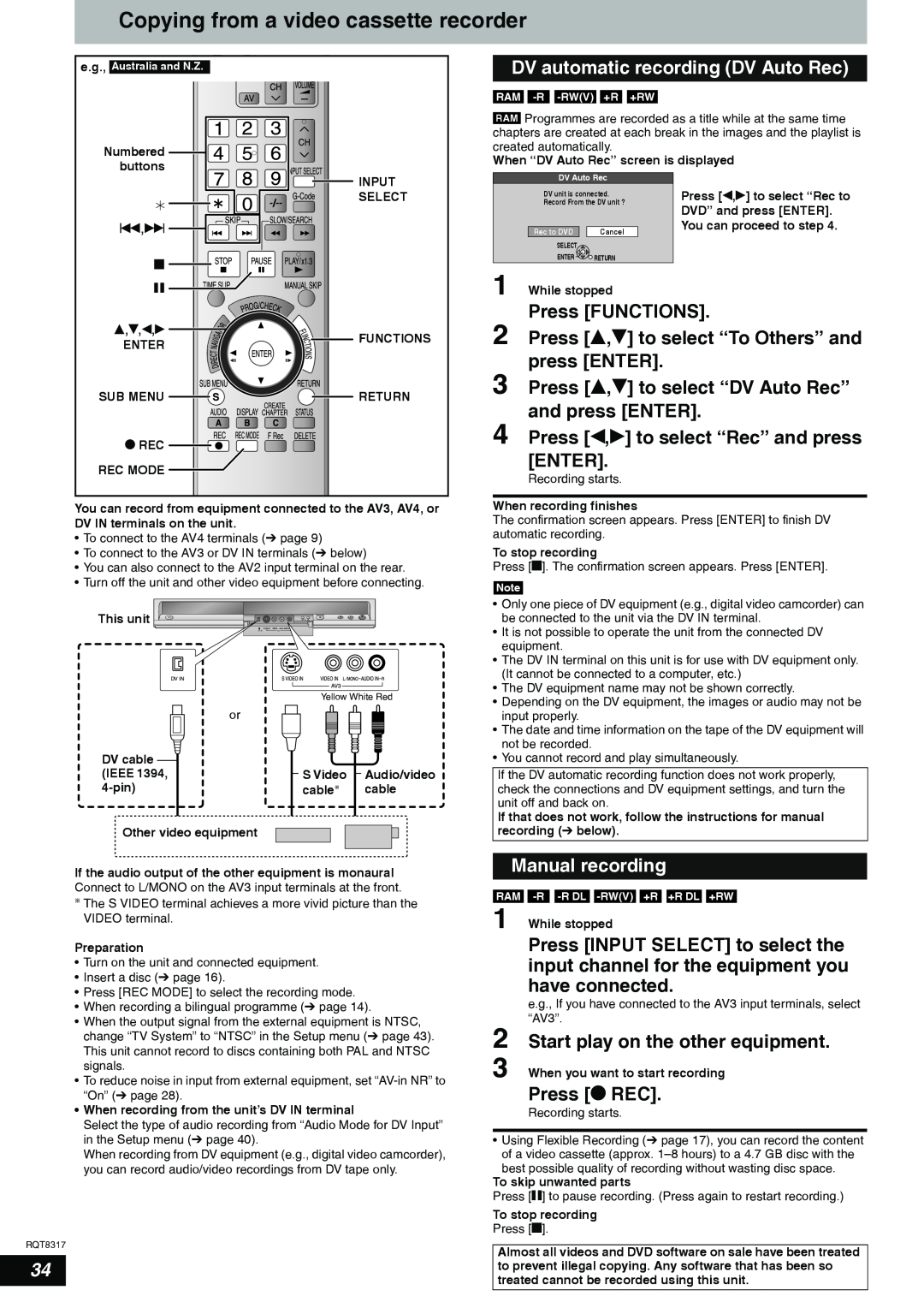 Panasonic DMR-ES15 Copying from a video cassette recorder, DV automatic recording DV Auto Rec, Manual recording, Enter 