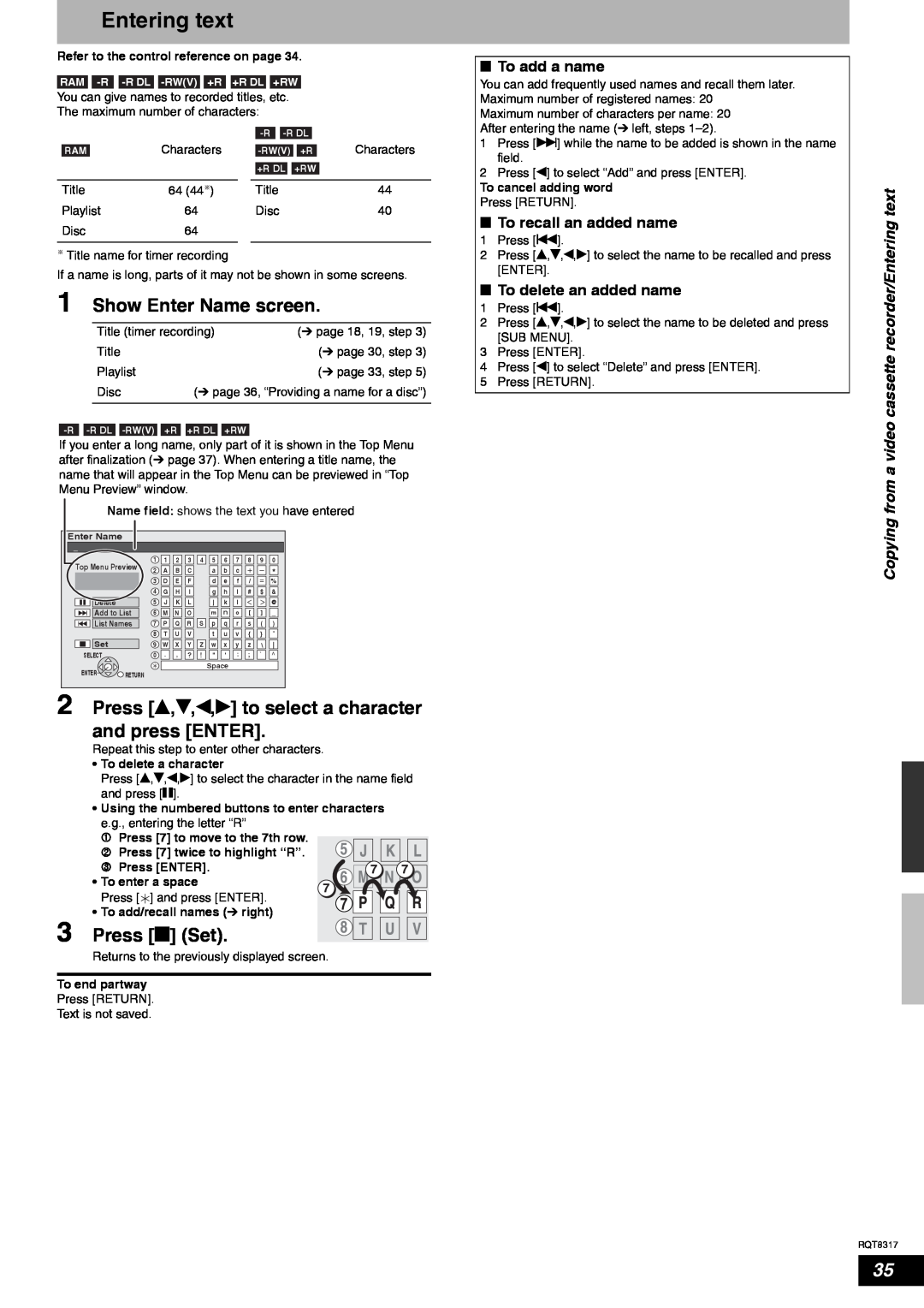 Panasonic DMR-ES15 manual Entering text, Show Enter Name screen, Press e,r,w,q to select a character, Press g Set 