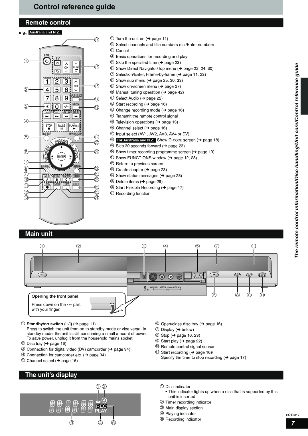 Panasonic DMR-ES15 manual Control reference guide, Remote control, Main unit, 6 8 9 bl, The unit’s display, The remote 