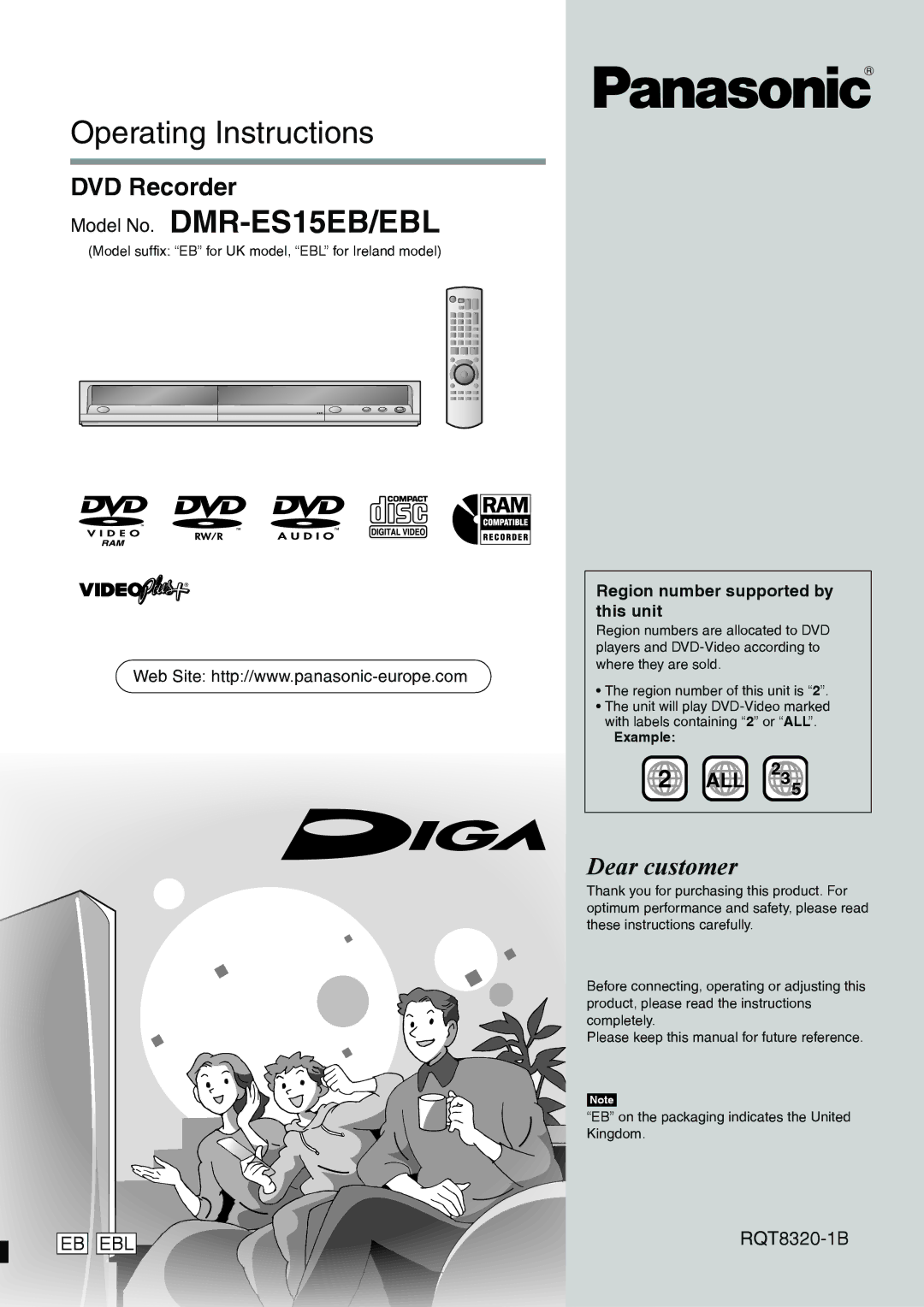 Panasonic DMR-ES15EB manual DVD Recorder, Region number supported by, Example 