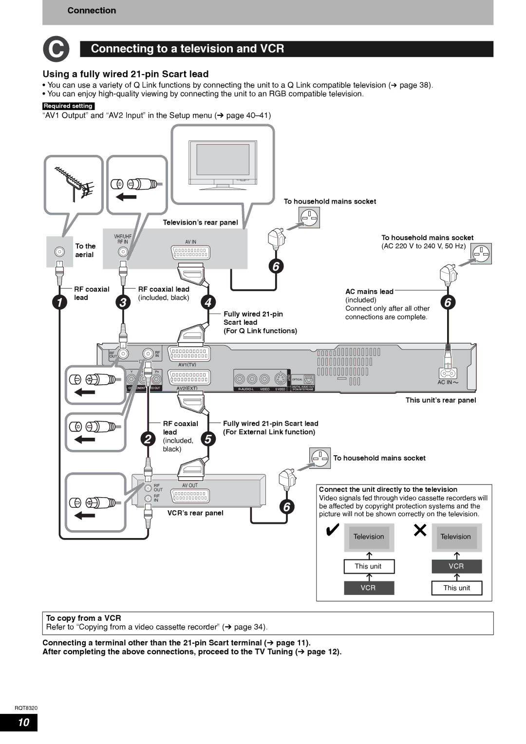 Panasonic DMR-ES15EB manual Connecting to a television and VCR, Connection, To copy from a VCR 