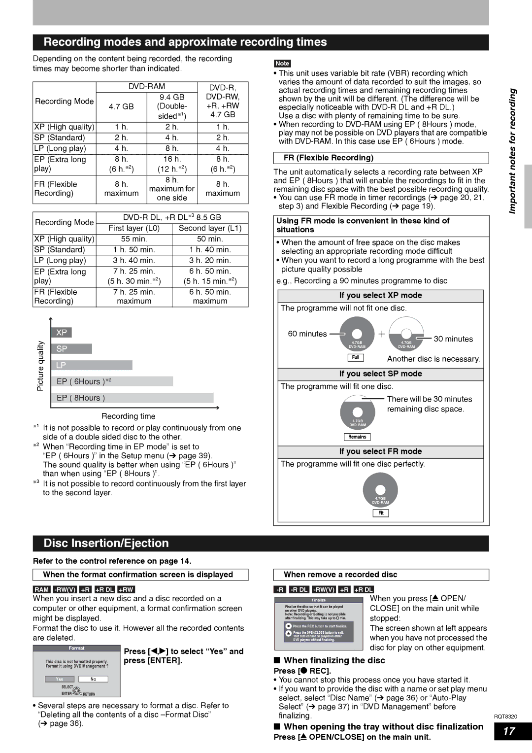 Panasonic DMR-ES15EB Recording modes and approximate recording times, Disc Insertion/Ejection, When finalizing the disc 