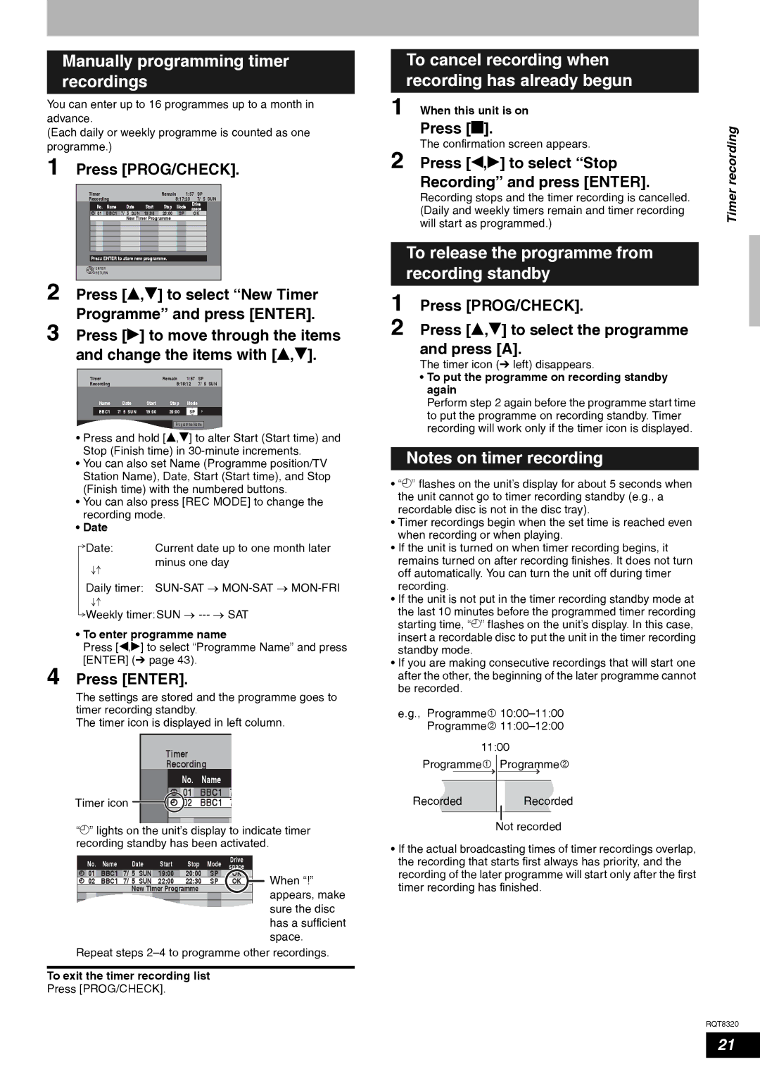 Panasonic DMR-ES15EB manual To release the programme from, Recording standby, Press g, Timer recording 