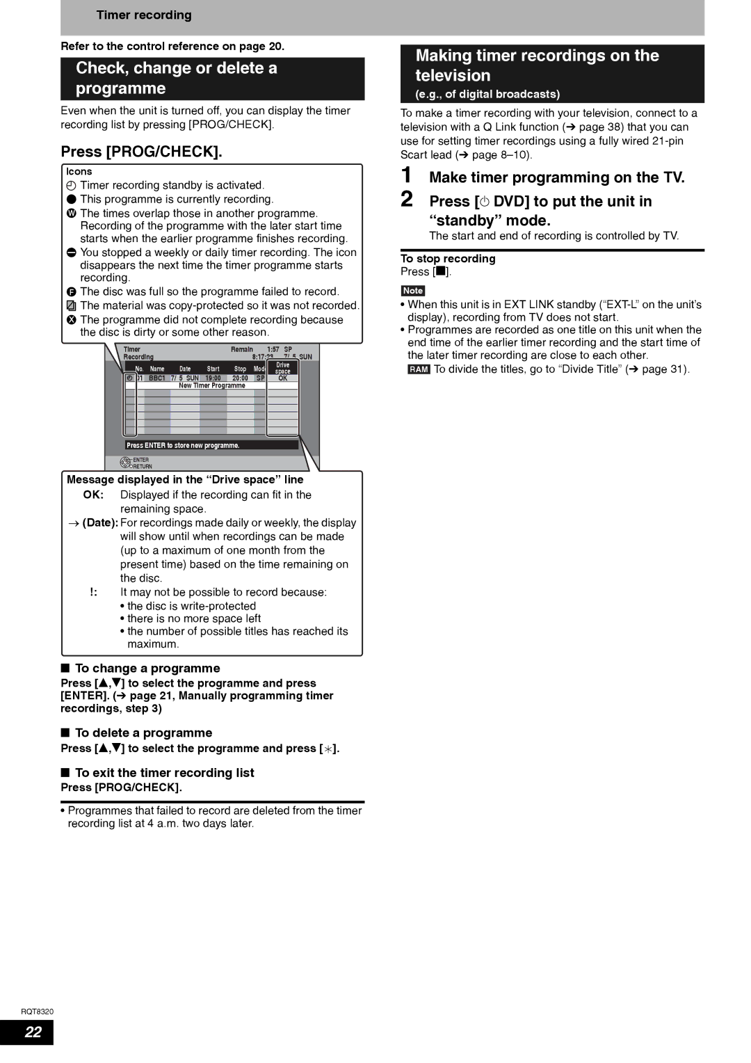 Panasonic DMR-ES15EB manual Check, change or delete a programme, Making timer recordings on the television 