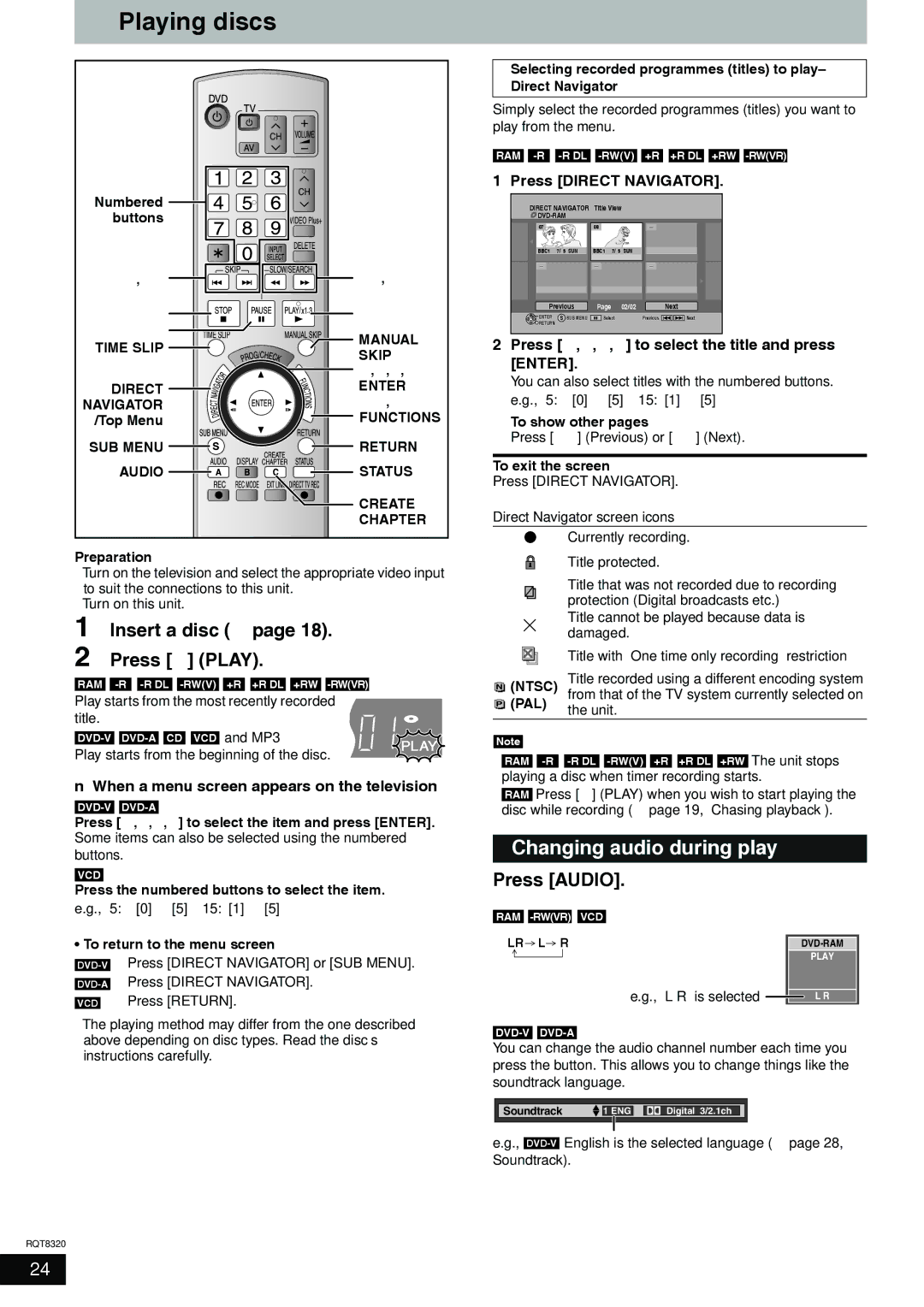 Panasonic DMR-ES15EB manual Playing discs, Changing audio during play, Insert a disc Ô Press q Play, Press Audio 