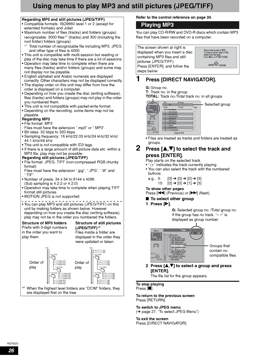 Panasonic DMR-ES15EB manual Using menus to play MP3 and still pictures JPEG/TIFF, Playing MP3, Press Direct Navigator 