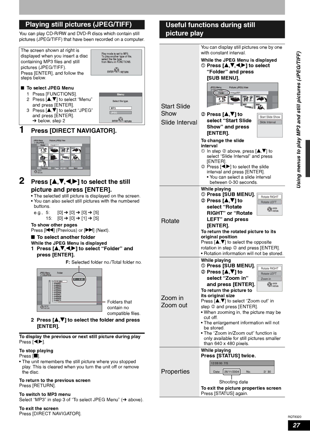 Panasonic DMR-ES15EB manual Playing still pictures JPEG/TIFF, Useful functions during still, Picture play, Rotate 