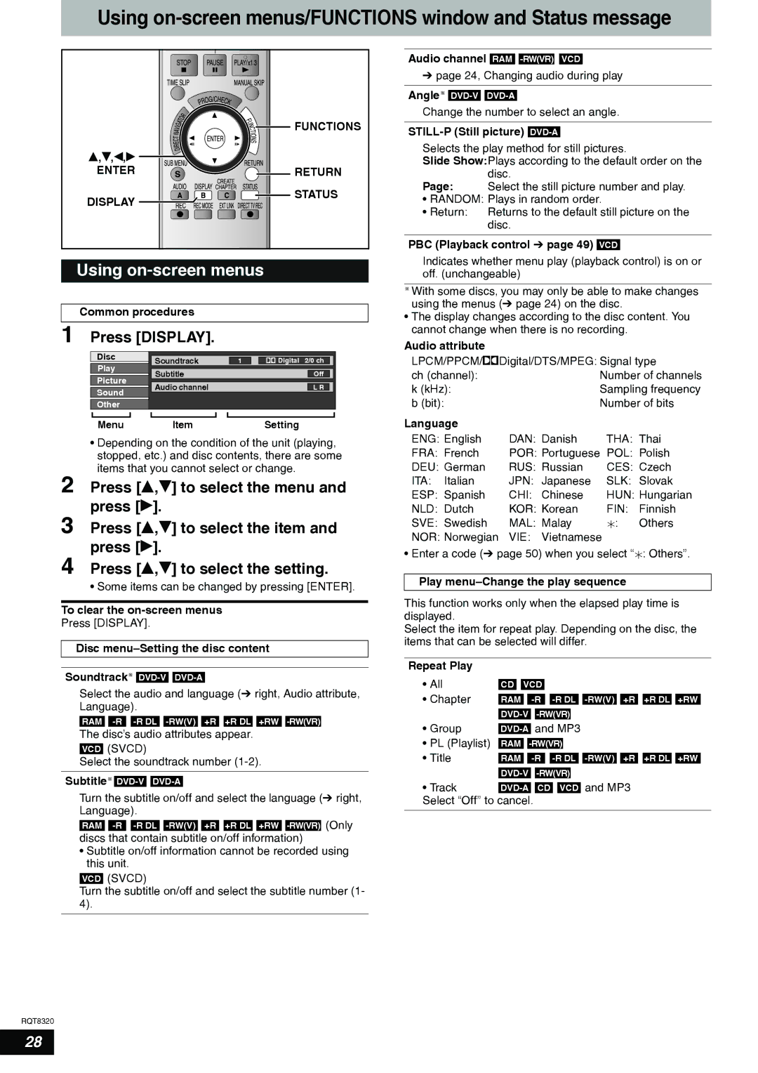 Panasonic DMR-ES15EB Using on-screen menus/FUNCTIONS window and Status message, Press Display, Enter Return Display Status 