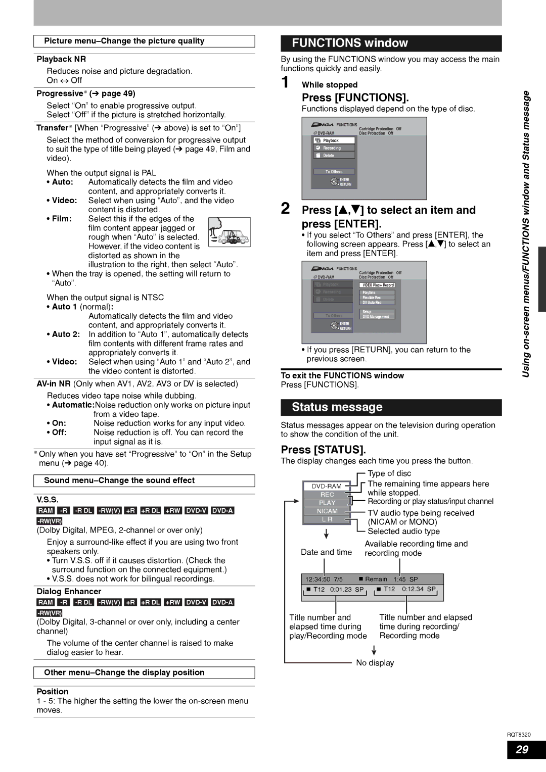 Panasonic DMR-ES15EB manual Functions window, Status message, Press Status 