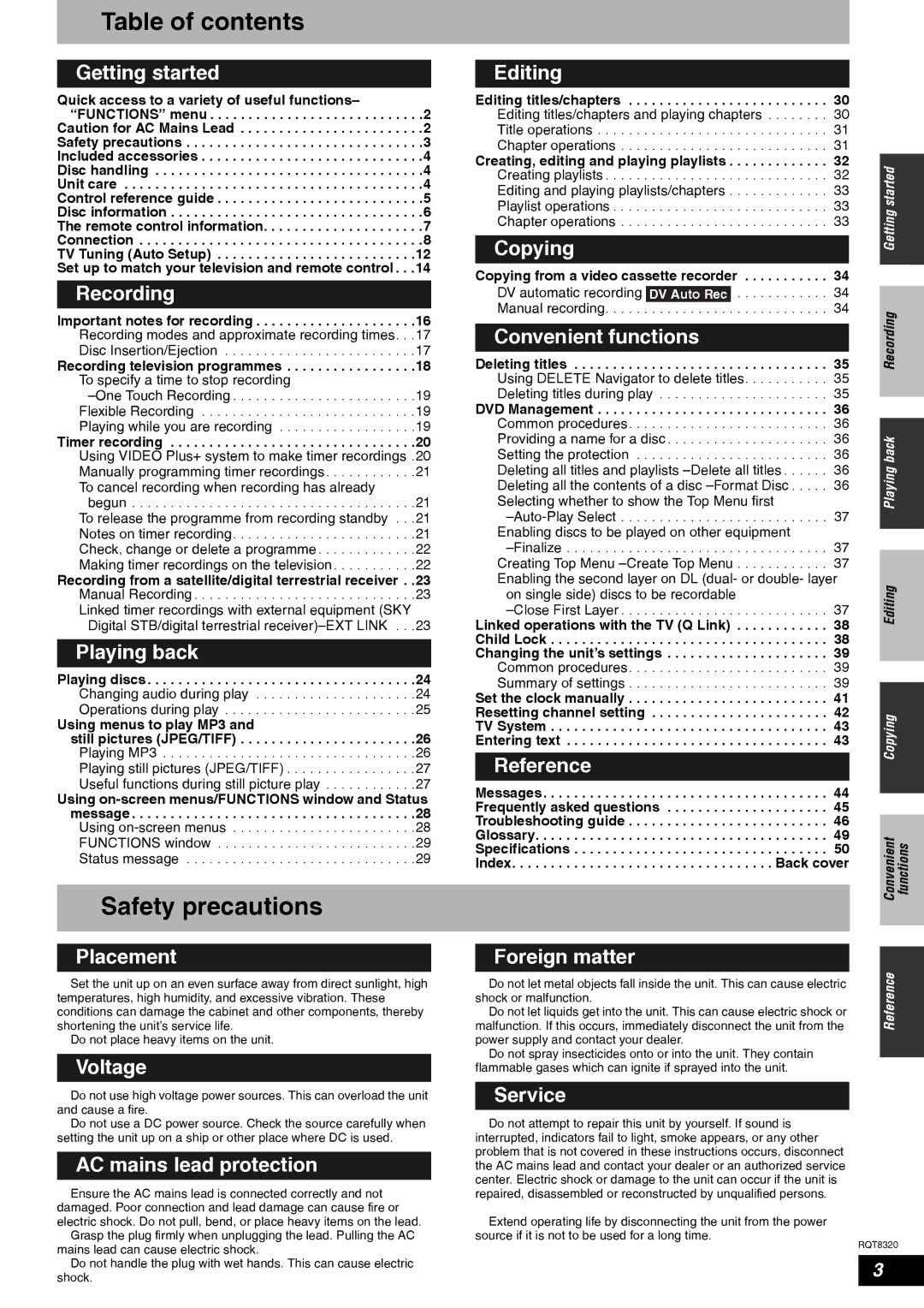 Panasonic DMR-ES15EB manual Table of contents, Safety precautions 