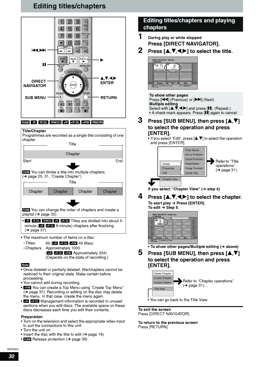 Panasonic DMR-ES15EB manual Editing titles/chapters and playing chapters, Press e,r,w,q to select the chapter 