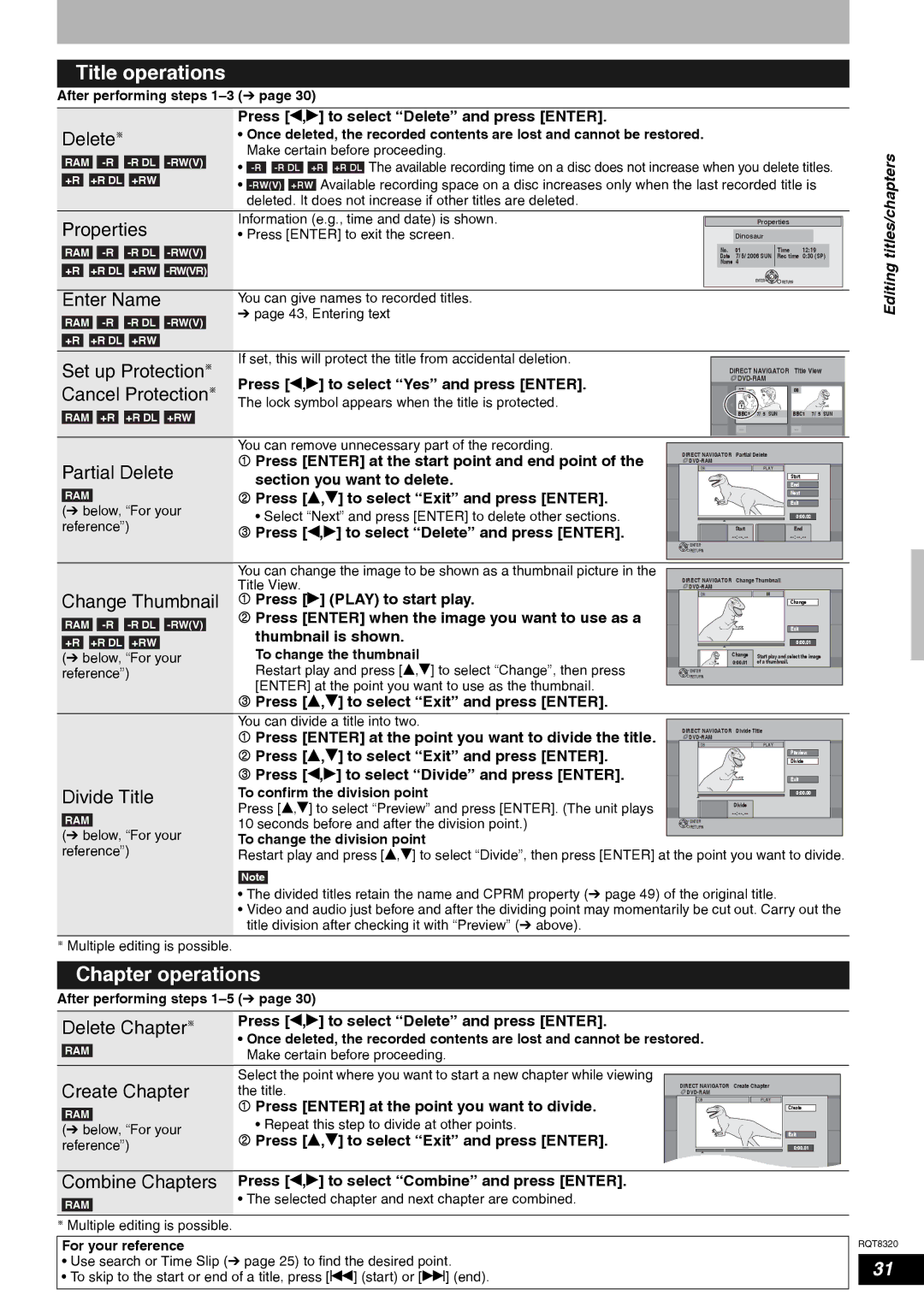 Panasonic DMR-ES15EB manual Title operations, Chapter operations 