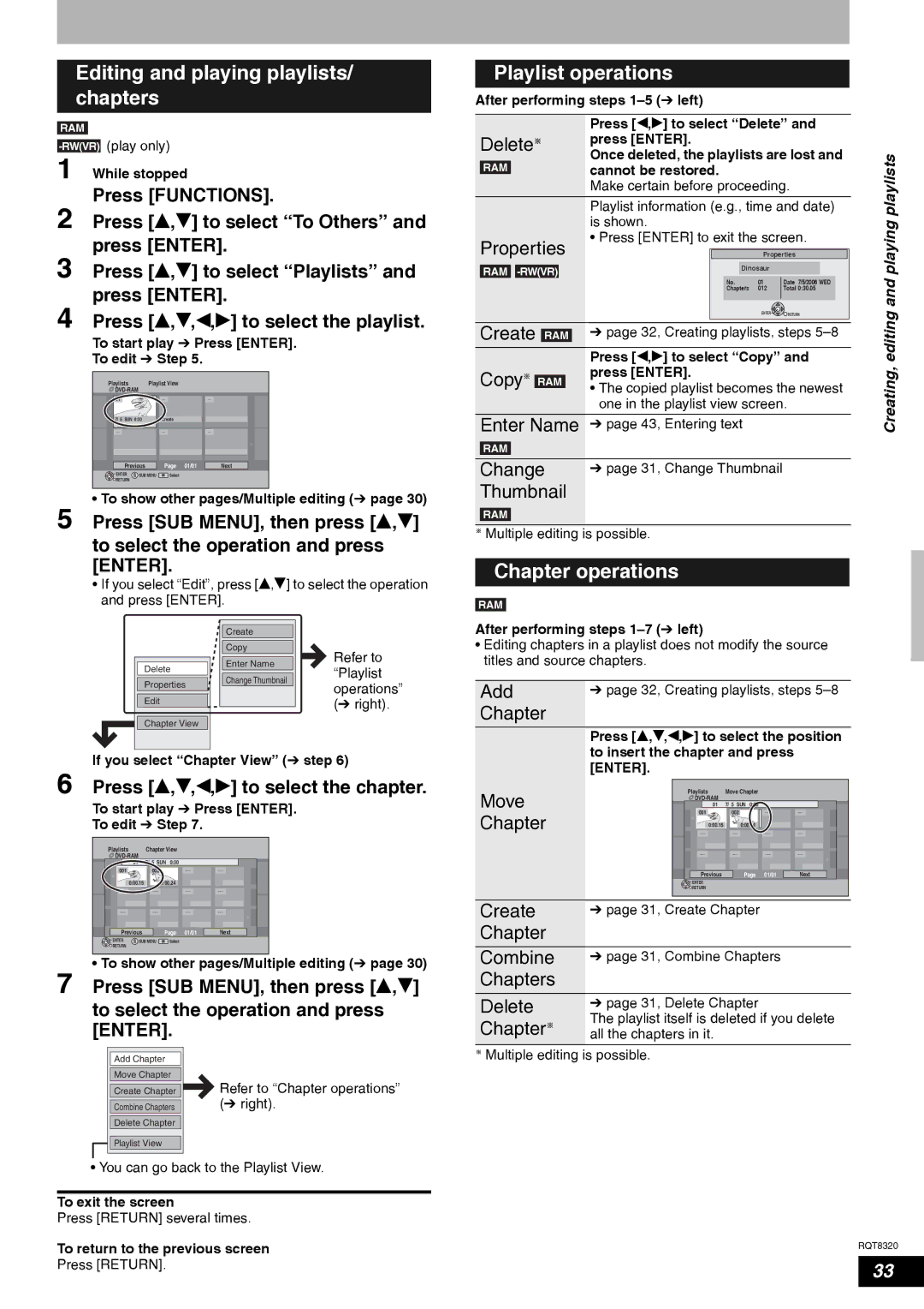 Panasonic DMR-ES15EB manual Editing and playing playlists/ chapters, Playlist operations 