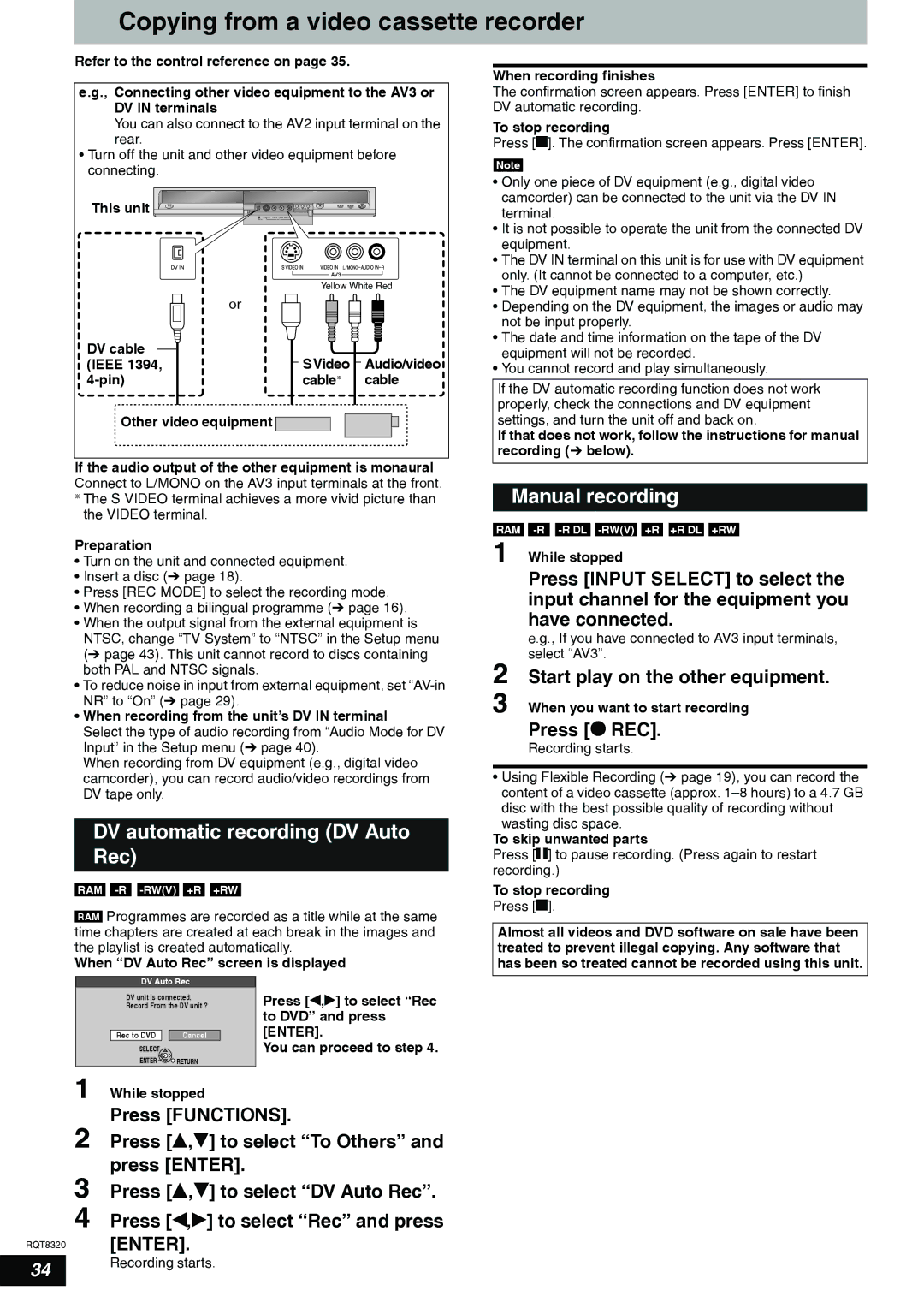 Panasonic DMR-ES15EB manual Copying from a video cassette recorder, DV automatic recording DV Auto Rec 