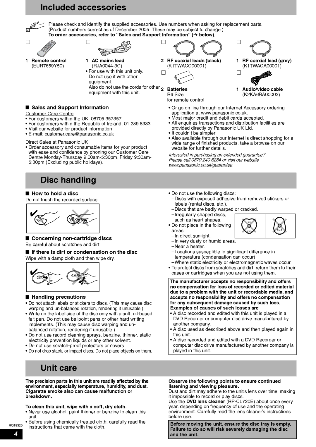 Panasonic DMR-ES15EB manual Included accessories, Disc handling, Unit care 