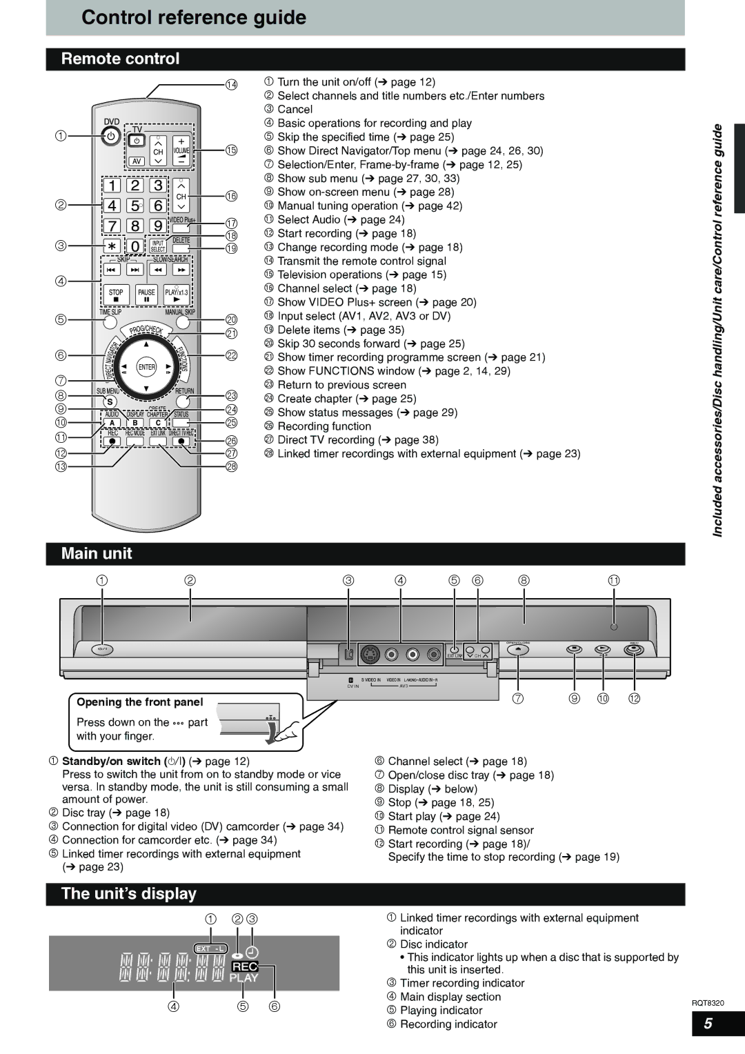 Panasonic DMR-ES15EB manual Control reference guide, Remote control, Main unit, Unit’s display, Bk bm 