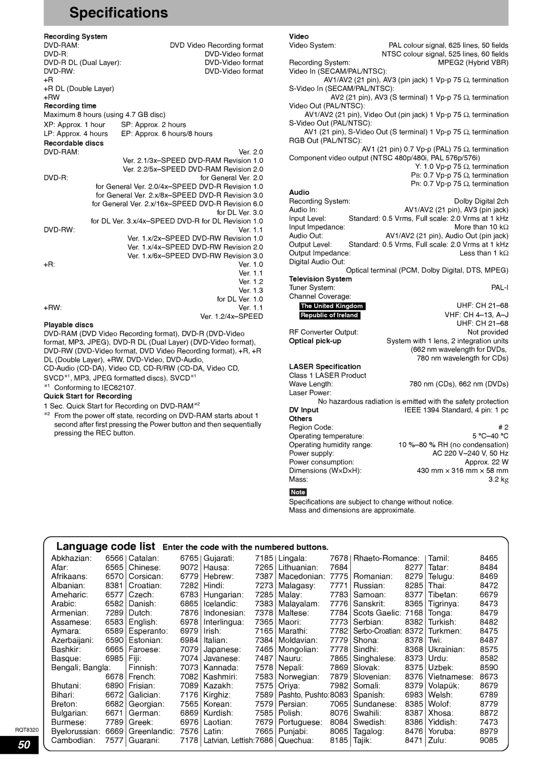 Panasonic DMR-ES15EB manual Specifications, Language code list, Quechua 8185 Tajik 8471 Zulu 9085 