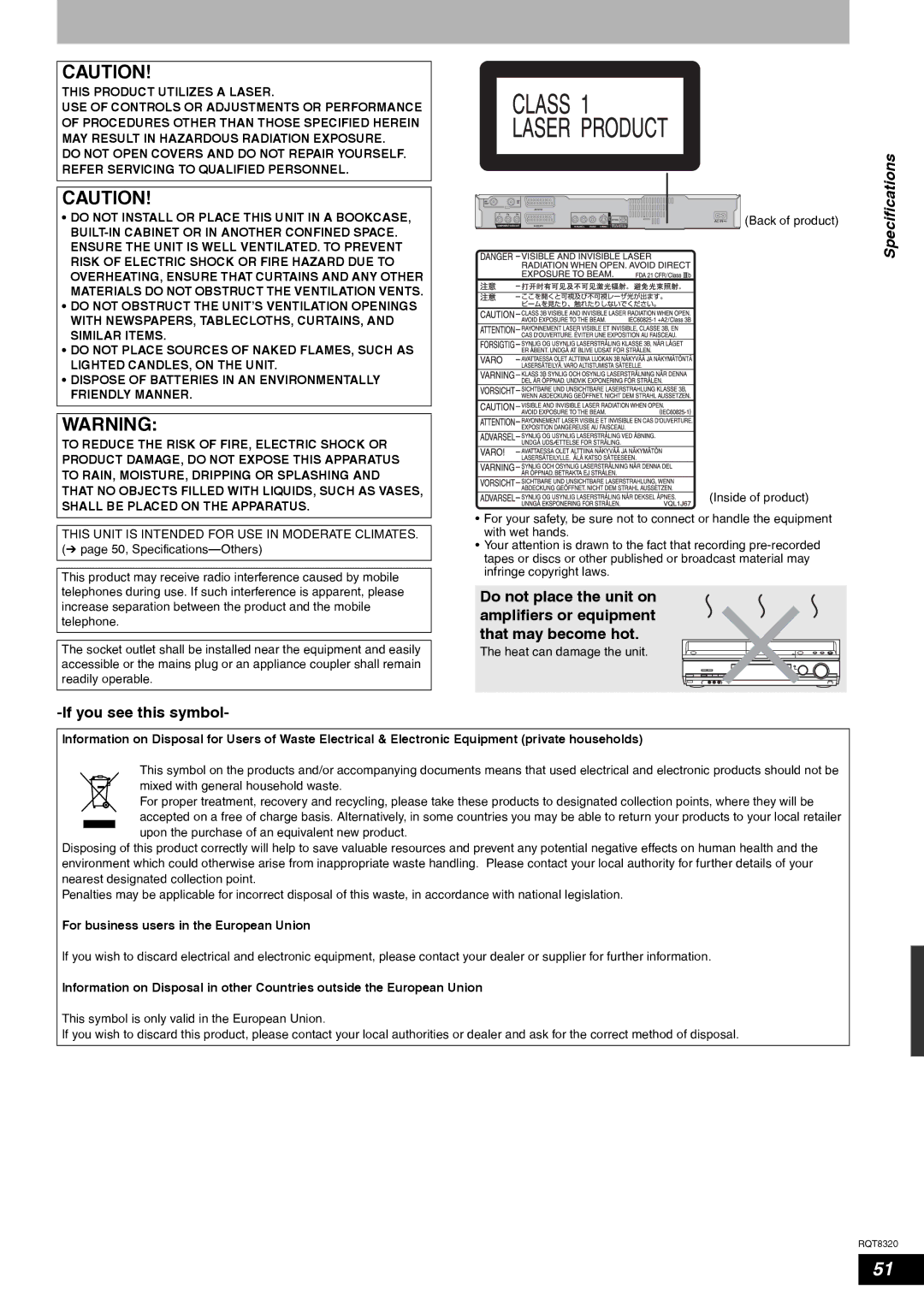 Panasonic DMR-ES15EB manual Specifications, If you see this symbol, For business users in the European Union 