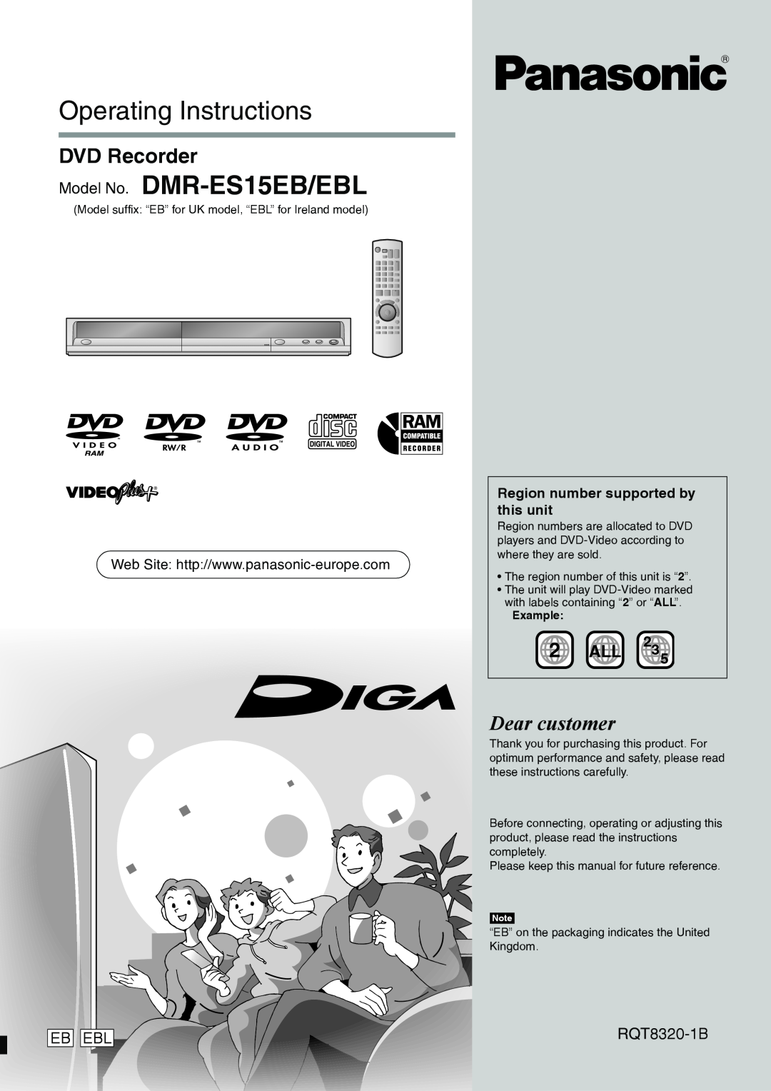 Panasonic manual DVD Recorder, RQT8320-1B, this unit, Operating Instructions, Model No. DMR-ES15EB/EBL, Dear customer 
