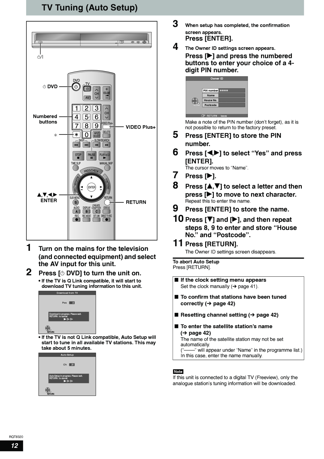 Panasonic DMR-ES15EB TV Tuning Auto Setup, Press ENTER, Press q and press the numbered, buttons to enter your choice of a 