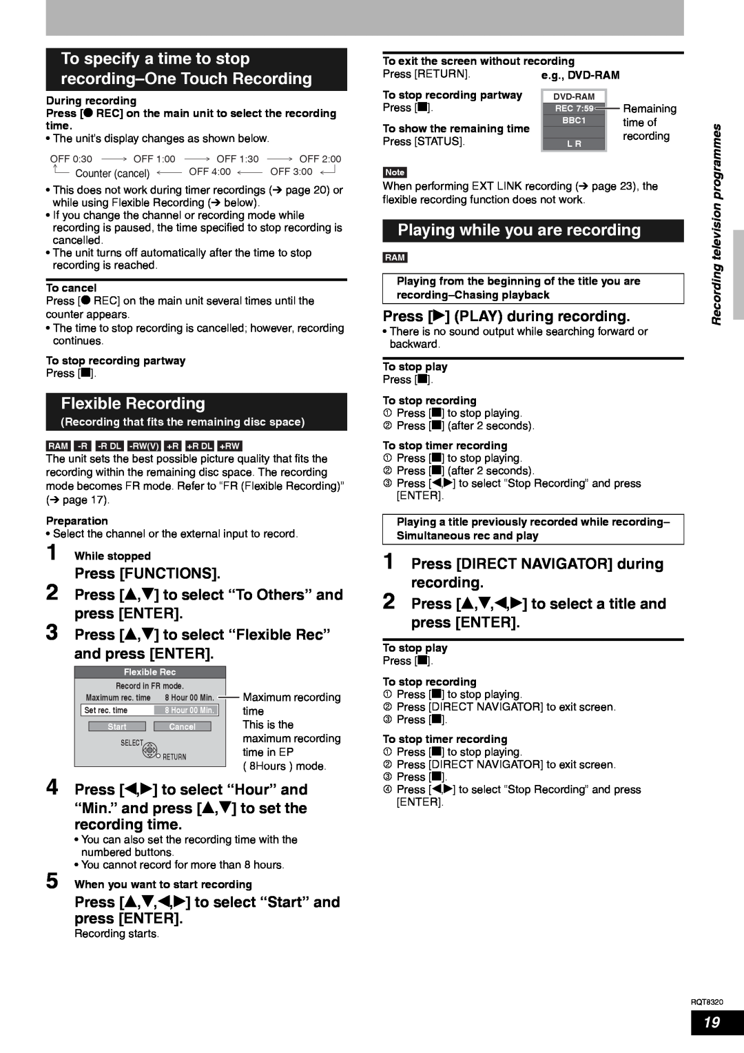 Panasonic DMR-ES15EB manual To specify a time to stop recording-One Touch Recording, Flexible Recording 
