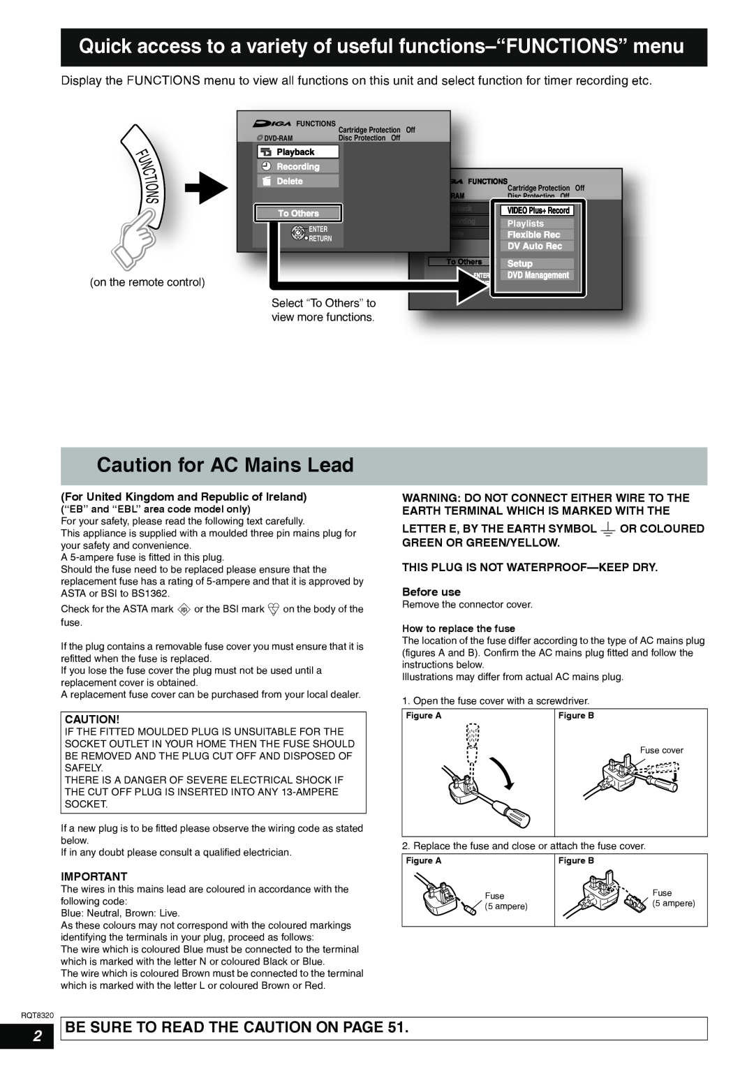 Panasonic DMR-ES15EB manual Caution for AC Mains Lead, Be Sure To Read The Caution On Page 