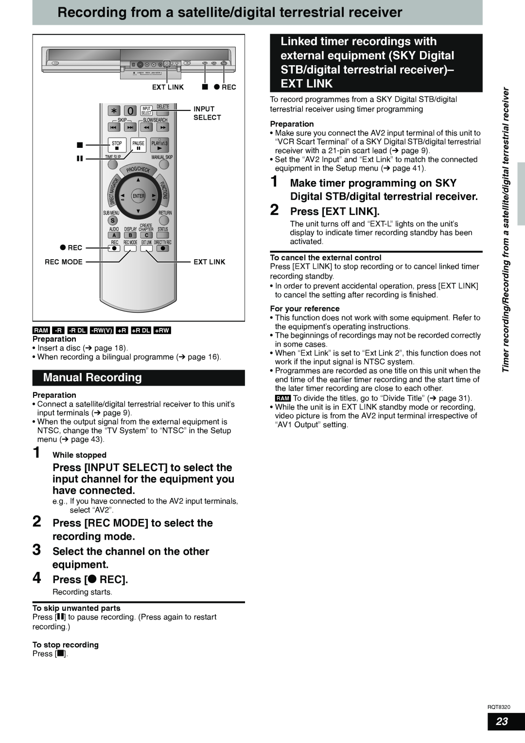 Panasonic DMR-ES15EB Recording from a satellite/digital terrestrial receiver, Manual Recording, Ext Link, Press EXT LINK 
