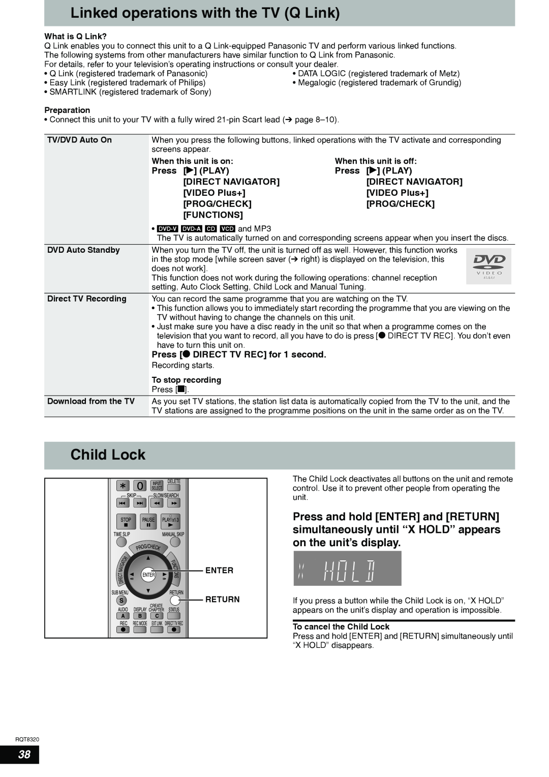 Panasonic DMR-ES15EB manual Linked operations with the TV Q Link, Child Lock, Megalogic registered trademark of Grundig 
