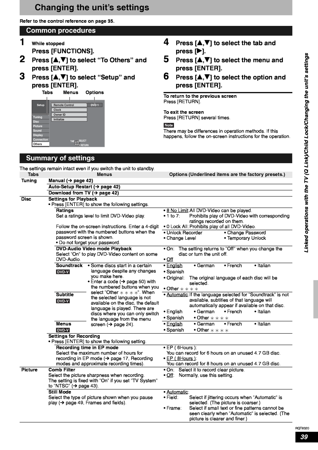 Panasonic DMR-ES15EB manual Changing the unit’s settings, Summary of settings, Press e,r to select the tab and, press q 