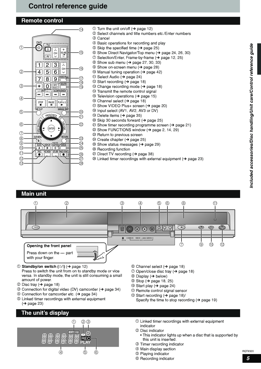Panasonic DMR-ES15EB manual Control reference guide, Remote control, Main unit, The unit’s display, 7 9 bk bm 