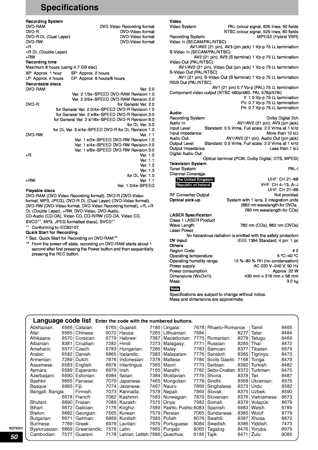 Panasonic DMR-ES15EB manual Specifications, Language code list 