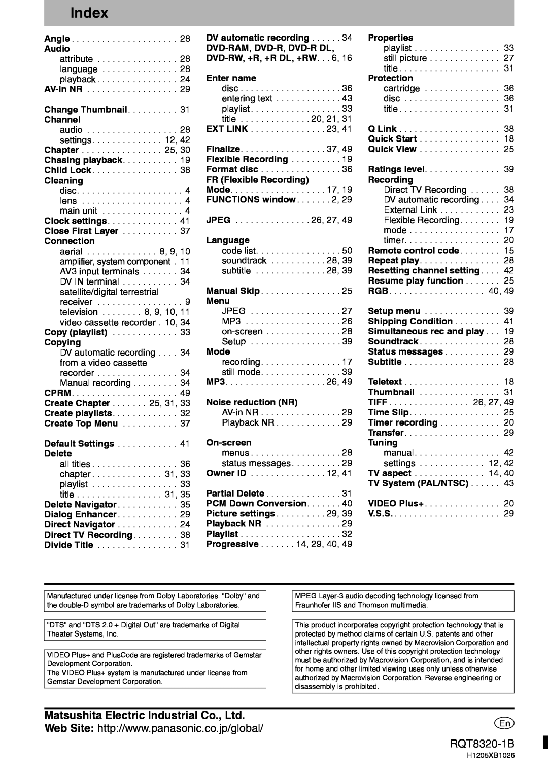 Panasonic DMR-ES15EB manual Index, RQT8320-1B 
