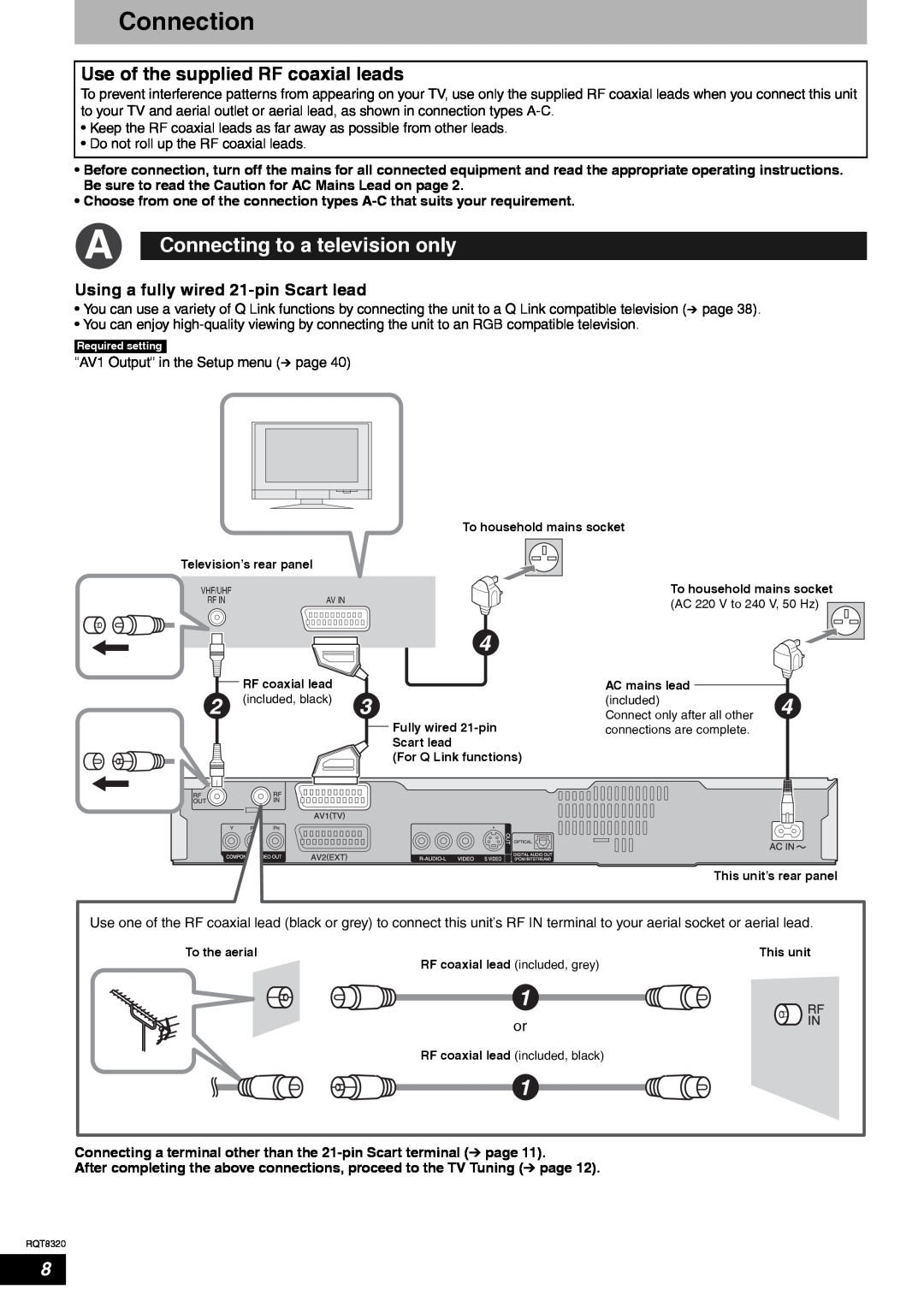 Panasonic DMR-ES15EB manual Connection, Connecting to a television only, Use of the supplied RF coaxial leads 
