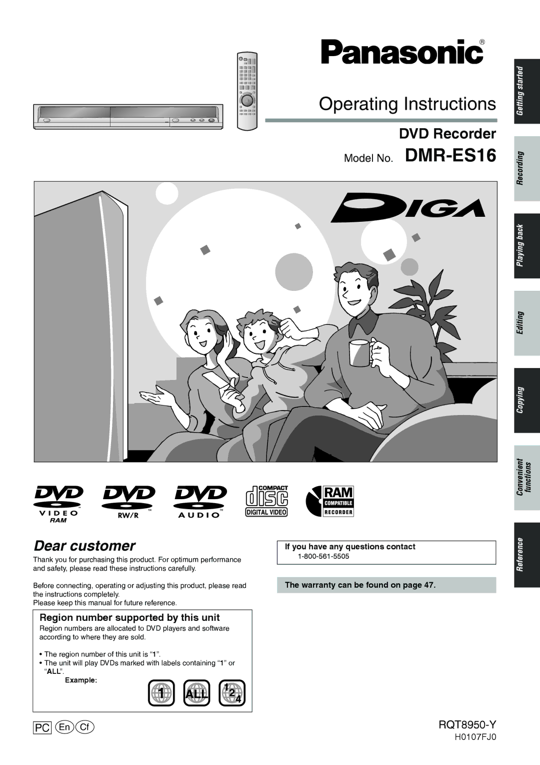 Panasonic warranty Model No. DMR-ES16, RQT8950-Y, If you have any questions contact Warranty can be found on, Example 