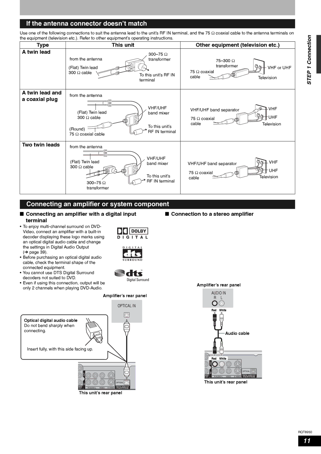 Panasonic DMR-ES16 warranty If the antenna connector doesn’t match, Connecting an amplifier or system component 