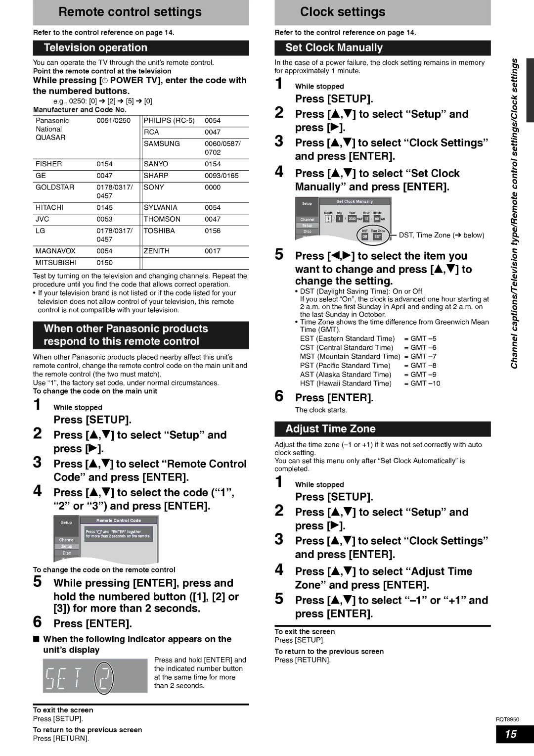 Panasonic DMR-ES16 Remote control settings, Clock settings, Television operation, Set Clock Manually, Adjust Time Zone 