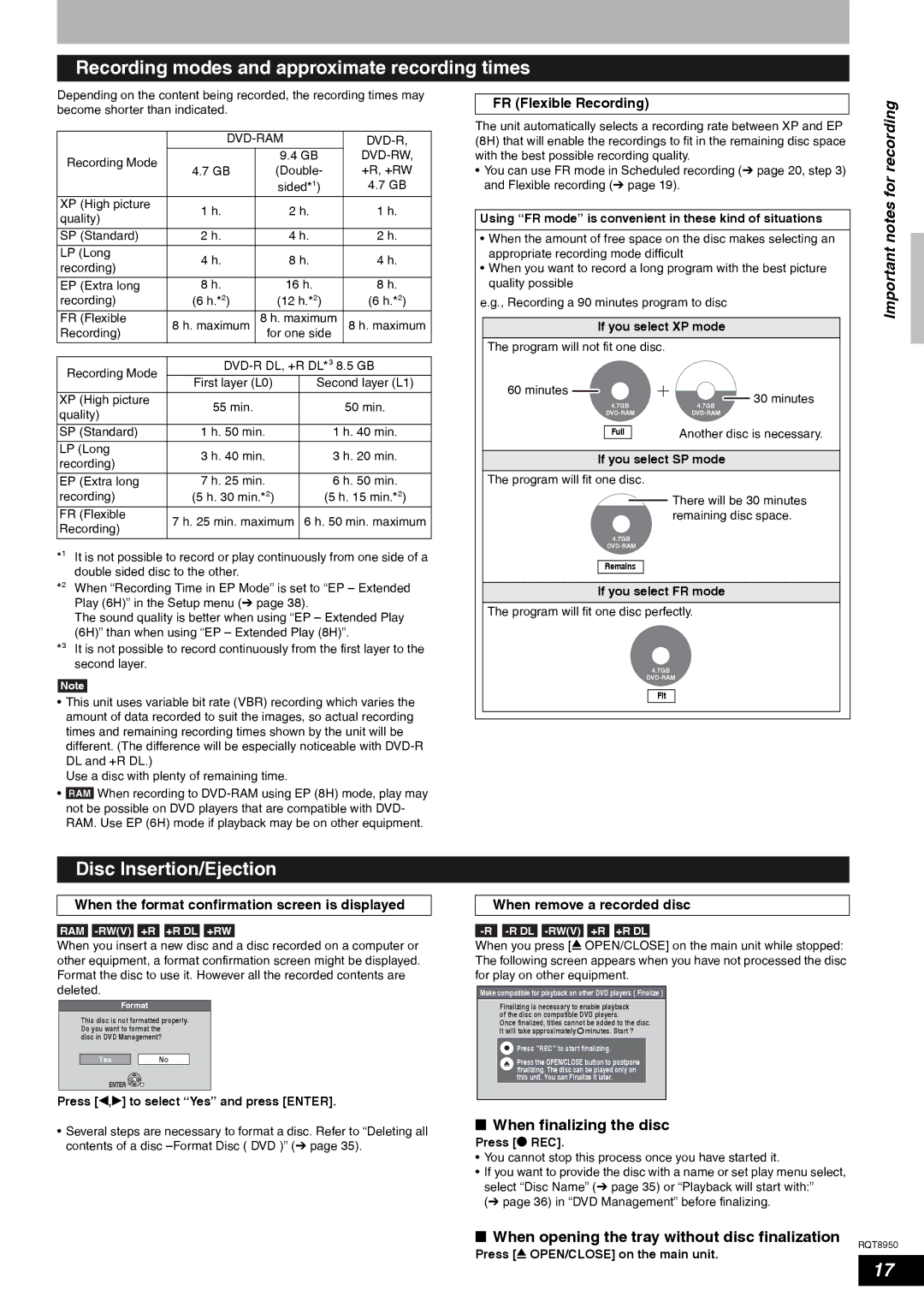 Panasonic DMR-ES16 Recording modes and approximate recording times, Disc Insertion/Ejection, Important notes for recording 