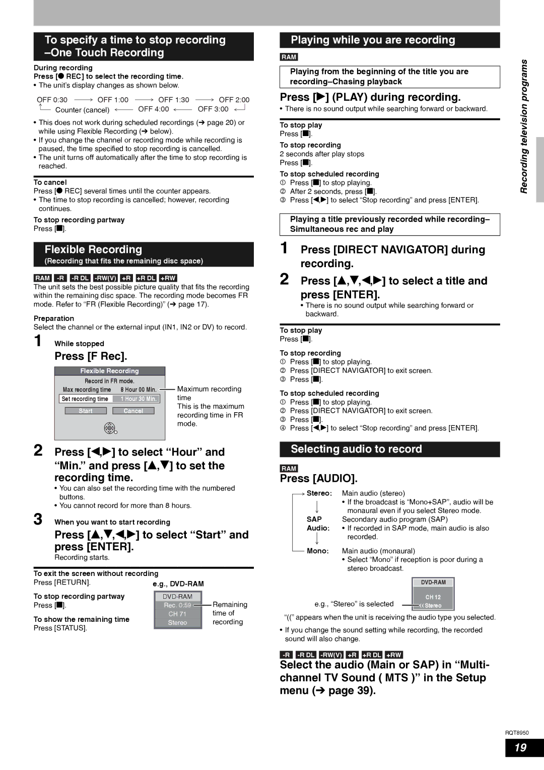 Panasonic DMR-ES16 To specify a time to stop recording -One Touch Recording, Flexible Recording, Selecting audio to record 