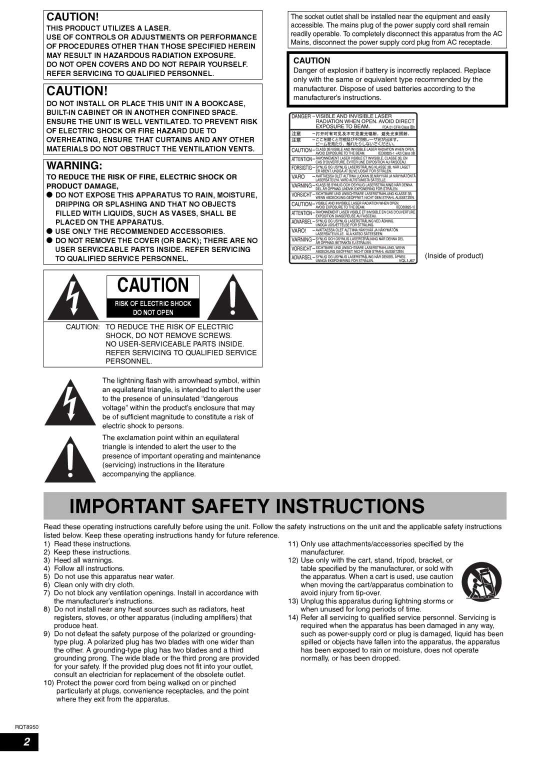 Panasonic DMR-ES16 warranty Inside of product, Risk of Electric Shock Do not Open 