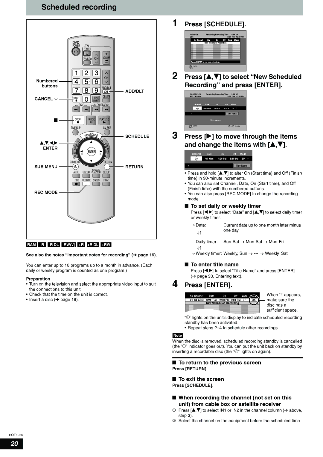 Panasonic DMR-ES16 Scheduled recording, Press Schedule, Press e,r to select New Scheduled Recording and press Enter 