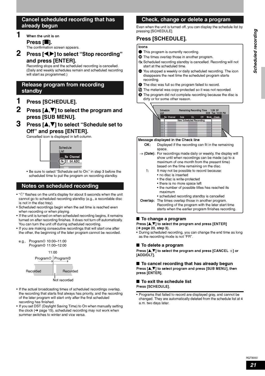 Panasonic DMR-ES16 warranty Release program from recording, Standby 