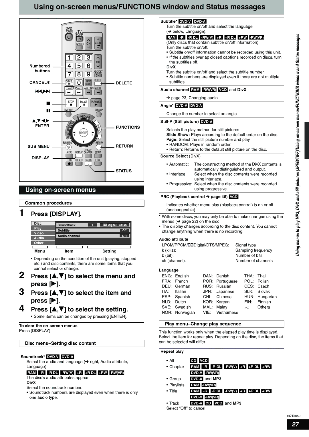 Panasonic DMR-ES16 warranty Using on-screen menus/FUNCTIONS window and Status messages, Press Display 