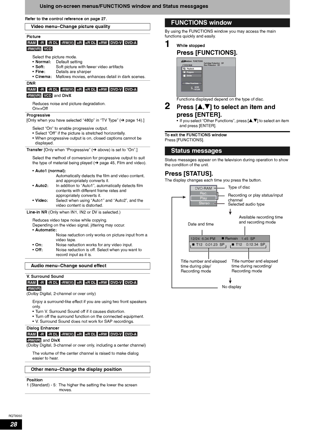 Panasonic DMR-ES16 warranty Functions window, Press e,r to select an item and press Enter, Status messages, Press Status 