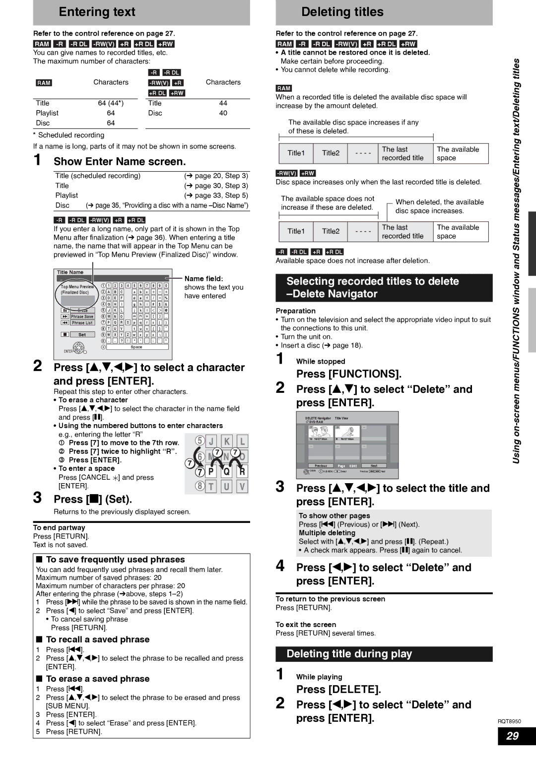 Panasonic DMR-ES16 warranty Entering text, Deleting titles, Selecting recorded titles to delete -Delete Navigator 