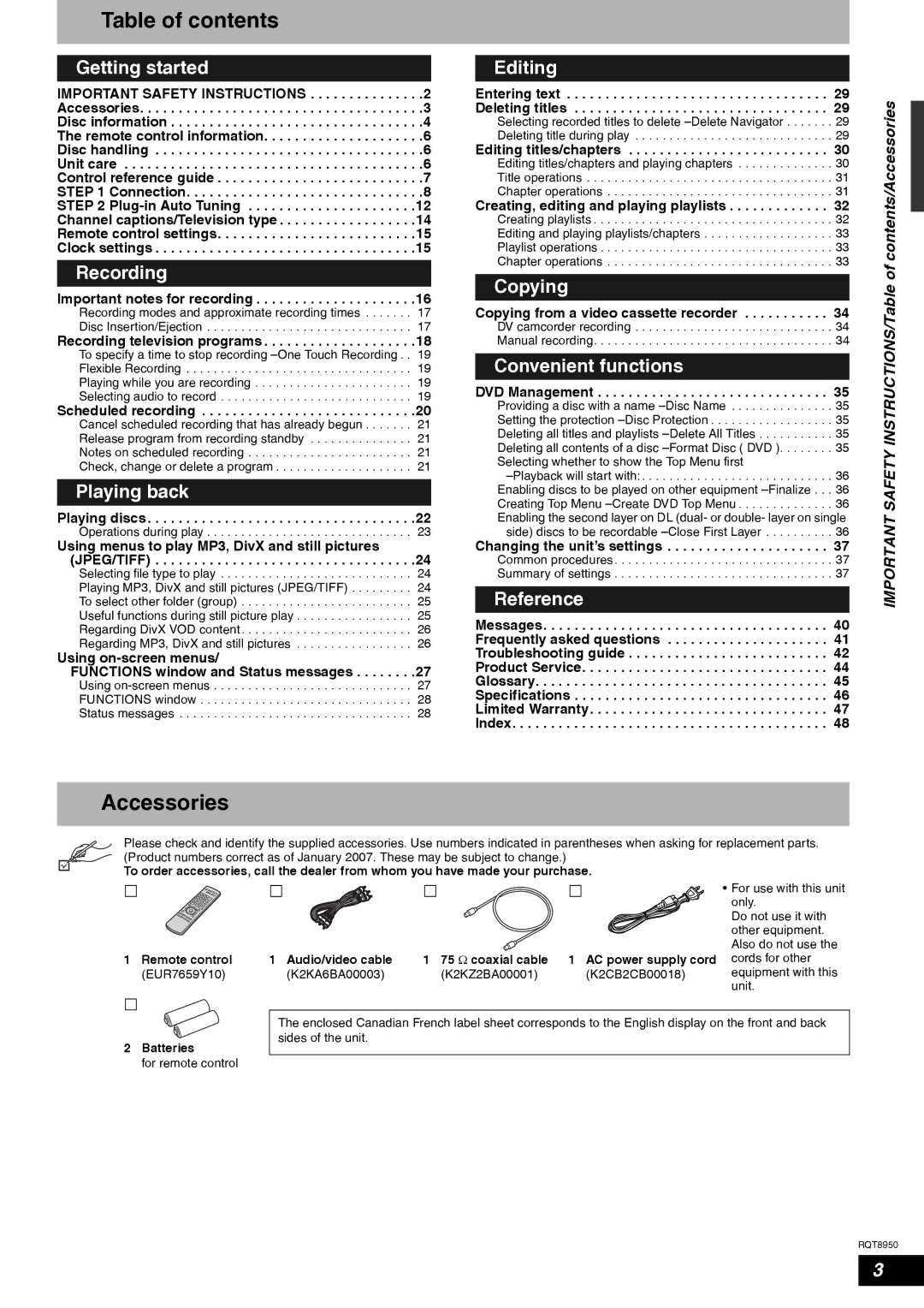 Panasonic DMR-ES16 warranty Table of contents, Accessories 