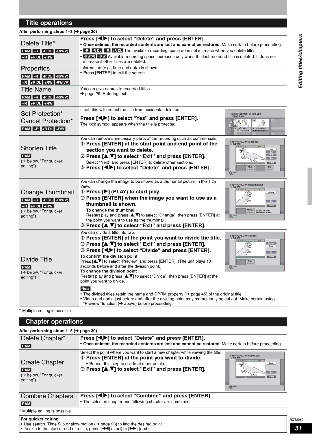 Panasonic DMR-ES16 warranty Title operations, Delete Title, Properties, Title Name, Chapter operations 